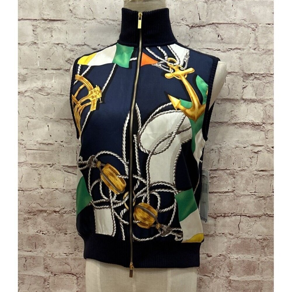 Lauren Ralph Lauren Petite S Sweater Vest Nautical Full Zip Silk Scarf Print NEW